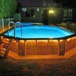 : above ground pool with deck attached to house
